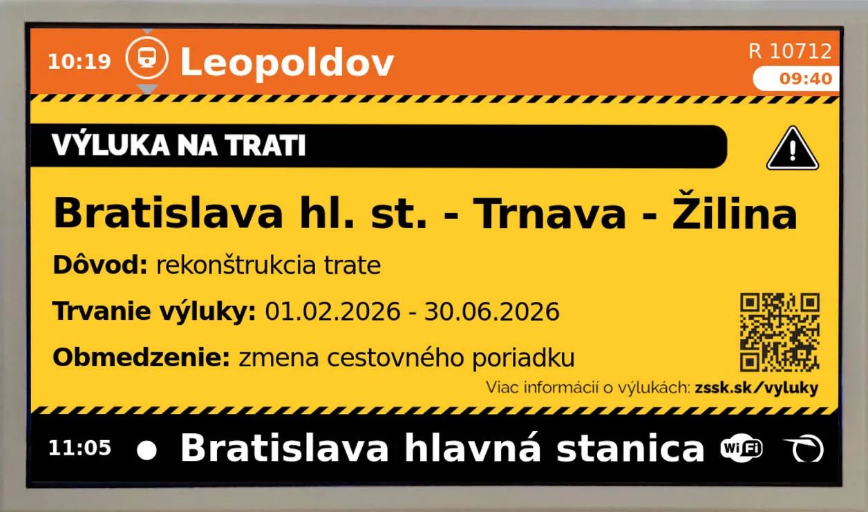 Informačná obrazovka s aktuálnymi informáciami o výluke