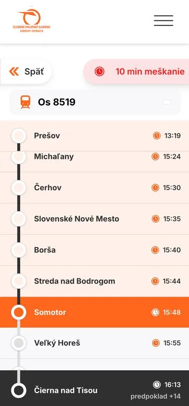 Aplikácia WiFi pripojenia vo vlaku — poloha vlaku na mape